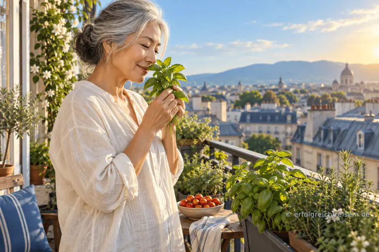 Eine ältere Frau riecht auf ihrem sonnigen Balkon an frisch geschnittenem Basilikum; neben ihr liegen reife Tomaten.
