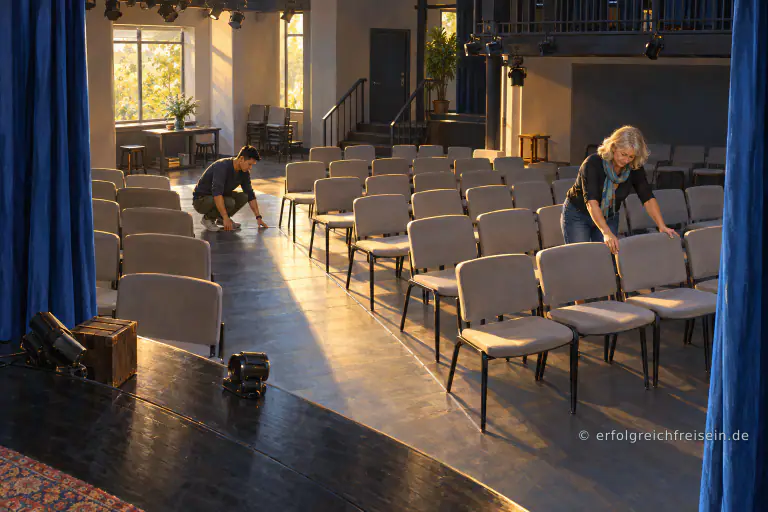 Zwei Erwachsene ordnen selbstständig Stühle und prüfen den Gang in einem kleinen Theaterraum.