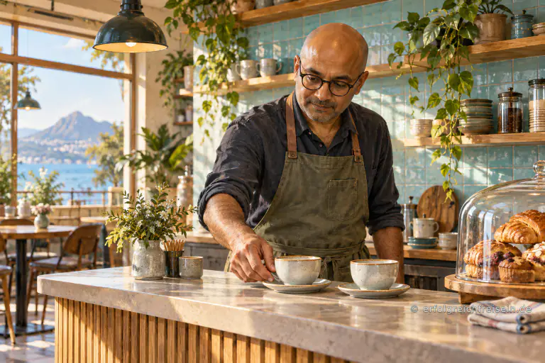 Ein Cafébetreiber ordnet vor dem Öffnen zwei Tassen auf der Theke seines hellen kleinen Cafés.