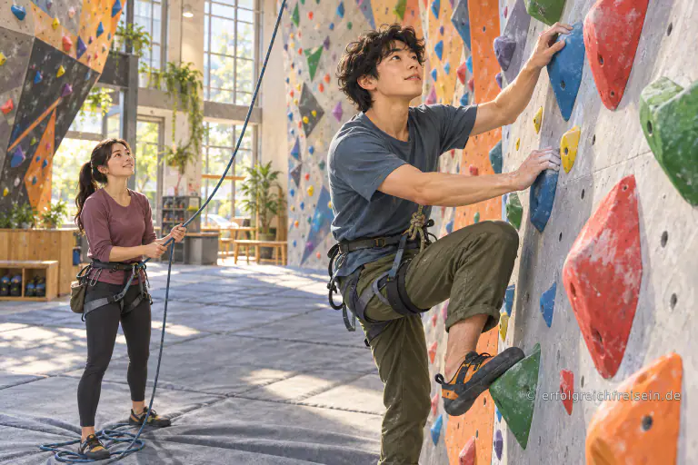 Ein junger Mann setzt an einer Kletterwand den nächsten Fuß auf einen Griff, während eine Trainerin sein Seil sichert.