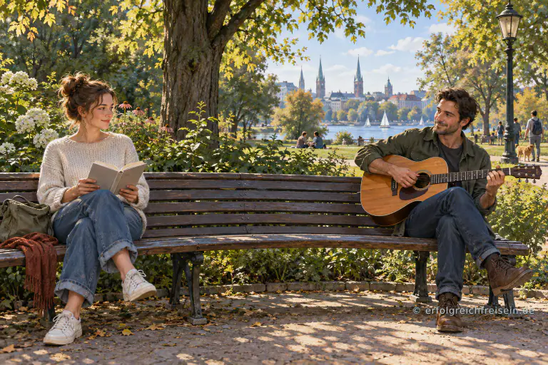 Eine Frau liest und ein Mann spielt Gitarre auf einer langen Parkbank; mit Abstand tauschen sie einen freundlichen Blick aus.