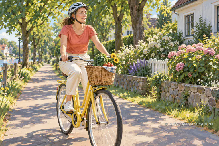 Eine Frau fährt mit einem gelben Fahrrad und einem mit Gemüse gefüllten Korb durch eine sonnige Wohngegend.