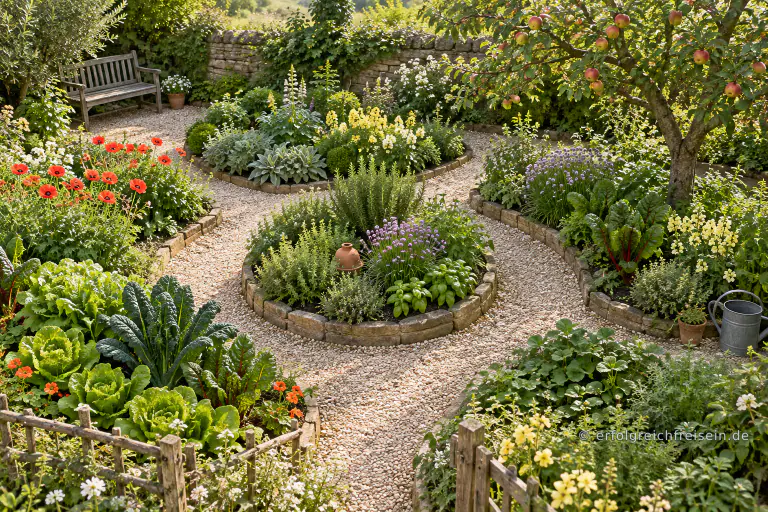 Mehrere geschwungene Blumen- und Gemüsebeete umgeben ein rundes Kräuterbeet in einem gepflegten Garten.