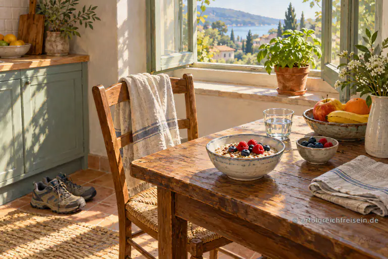 Ein sonniger Frühstückstisch mit Beerenbrei, Obst und Wasser steht am offenen Küchenfenster; daneben warten Wanderschuhe.