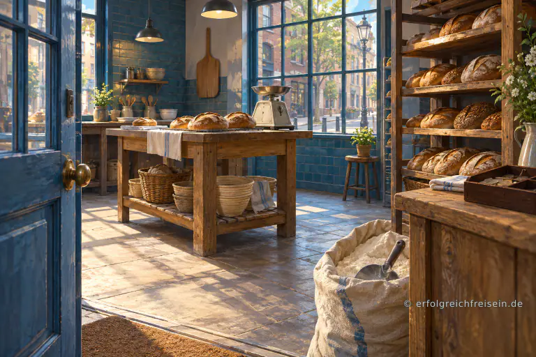 Brot kühlt in einer Bäckerei auf Regalen ab; eine Waage, ein Mehlsack und eine Kassenschale zeigen verschiedene Teile des Betriebs.