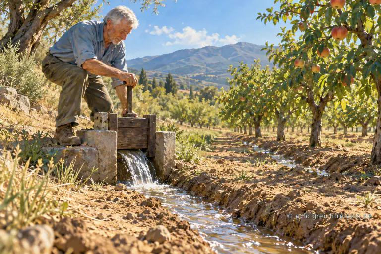 Ein älterer Mann öffnet ein kleines Bewässerungstor, und Wasser fließt in die vorbereitete Furche zwischen Obstbäumen.