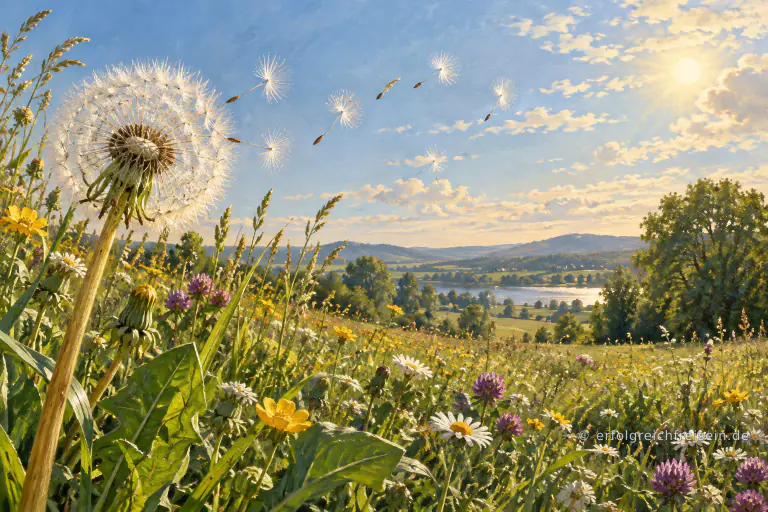 Einige Samen einer Pusteblume fliegen im Sonnenlicht über eine blühende Wiese.