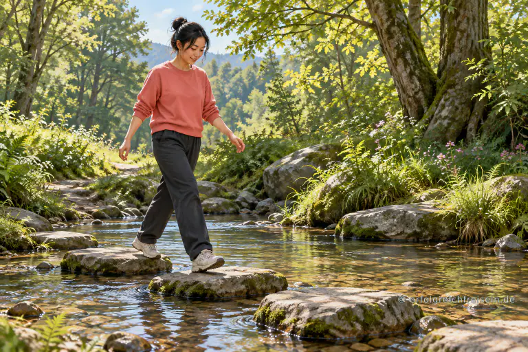 Eine junge Frau setzt im sonnigen Wald einen vorsichtigen Schritt von einem flachen Stein zum nächsten.