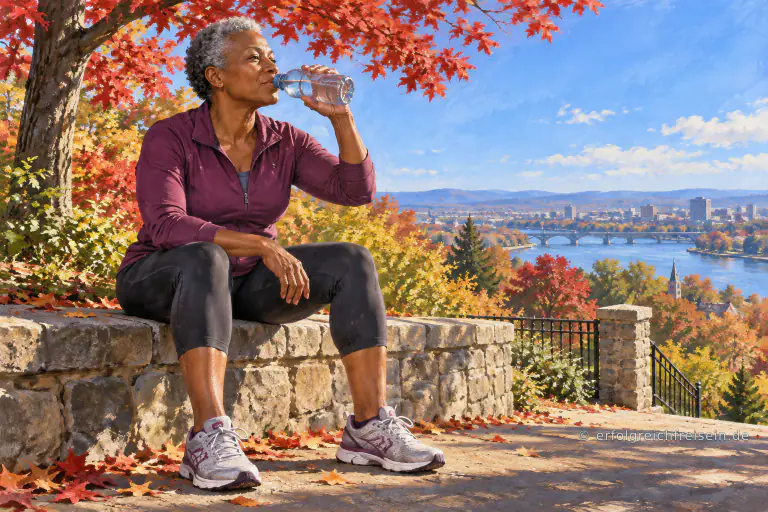 Eine ältere Läuferin trinkt bei einer bewussten Pause auf einer niedrigen Mauer Wasser im herbstlichen Park.