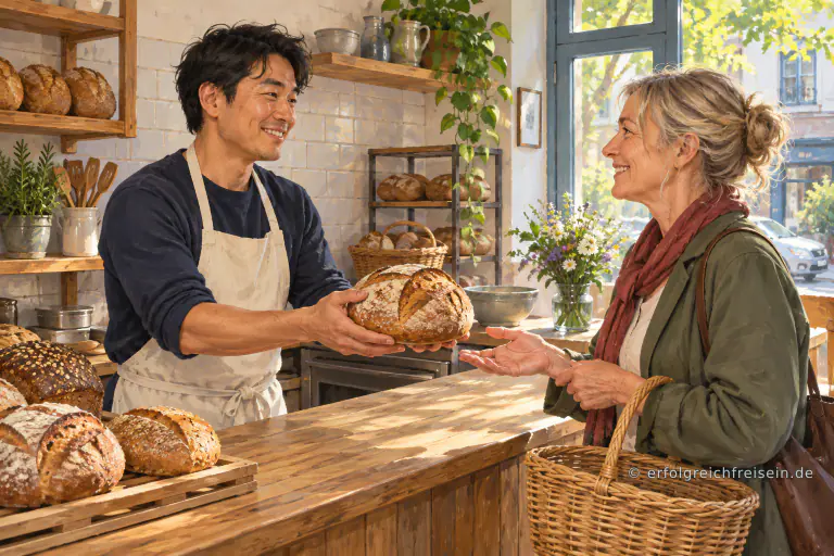 Ein Bäcker reicht einer Kundin mit Korb ein frisches rundes Brot; beide lächeln einander wertschätzend an.