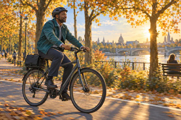 Ein Mann fährt nach der Arbeit mit dem Fahrrad auf einem ruhigen, von Bäumen gesäumten Weg.