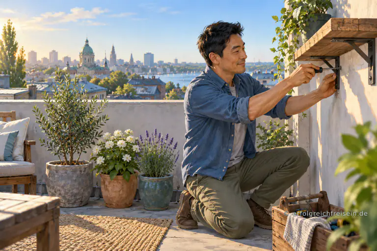 Ein Mann befestigt auf einer Dachterrasse ein Holzregal; daneben stehen bereits bepflanzte Töpfe.