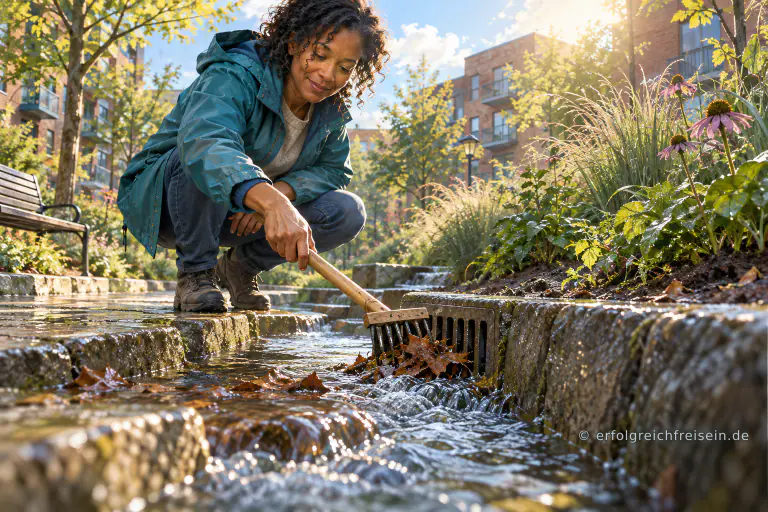 Eine Frau entfernt Laub am Gitter eines flachen Wasserkanals in einem bepflanzten Stadtpark.