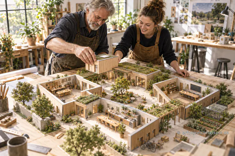 Zwei Menschen setzen in einem hellen Atelier ein Holzmodul in ein zusammenhängendes Modell aus Werkstatt, Küche, Lernraum und Garten.