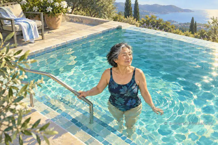 Eine ältere Frau beendet ihr Schwimmen und steht entspannt an den breiten Stufen eines Außenbeckens.