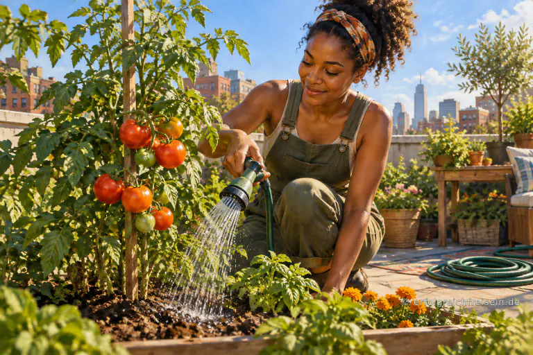 Eine Frau gießt gezielt die Erde an einer reich tragenden Tomatenpflanze im sonnigen Dachgarten.