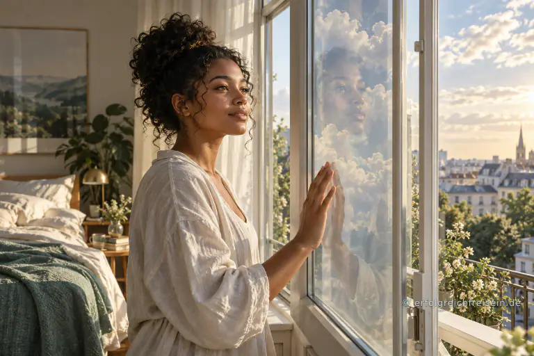 Eine junge Frau berührt morgens eine Fensterscheibe, in der sich ihr Gesicht und Wolken über der Stadt spiegeln.