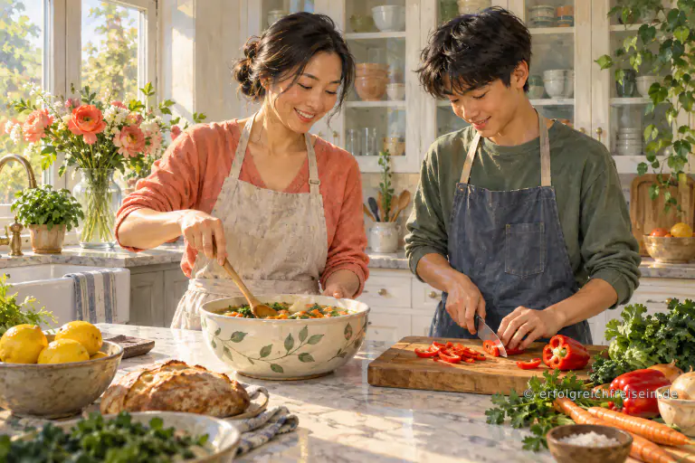 Eine Mutter und ihr Sohn bereiten gemeinsam Gemüsesuppe zu; sie rührt, während er Paprika schneidet.