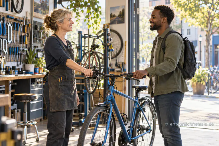 Eine Fahrradmechanikerin übergibt einem Kunden sein repariertes blaues Fahrrad in einer hellen Werkstatt.