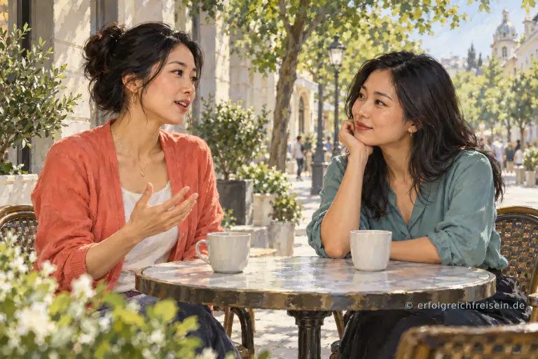 Zwei Frauen sprechen aufmerksam an einem kleinen Cafétisch; eine erklärt ihre Sicht mit einer offenen Handbewegung, die andere hört zu.