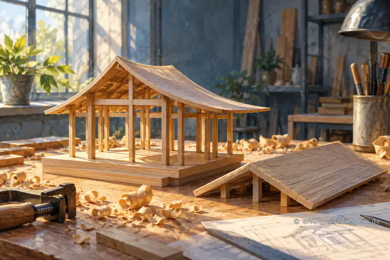 Ein kleines Holzmodell eines Pavillons steht neben zwei unterschiedlich geformten Dachvarianten.