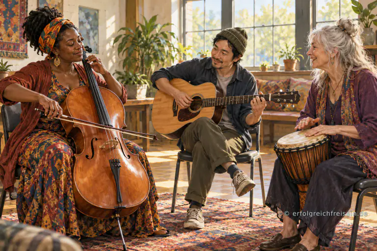 Drei Menschen musizieren miteinander auf Cello, Gitarre und Handtrommel in einem hellen Gemeinschaftsraum.