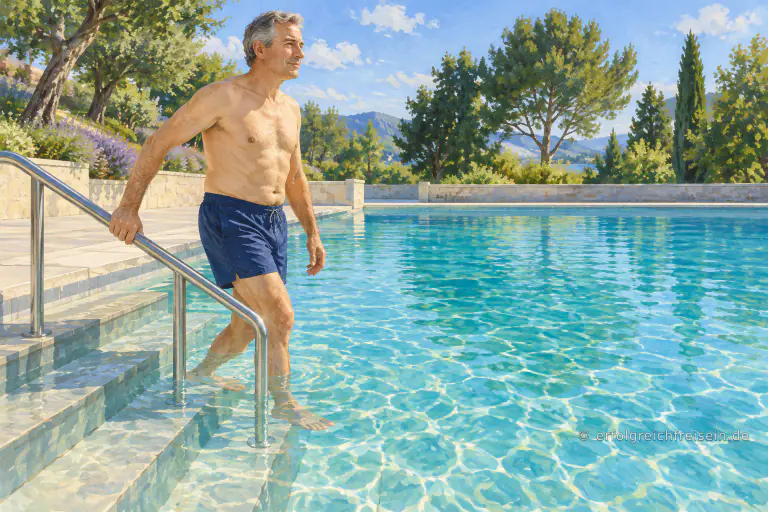 Ein Mann steigt ruhig über die flache Treppe in ein sonniges Freibad und hält sich am Geländer fest.