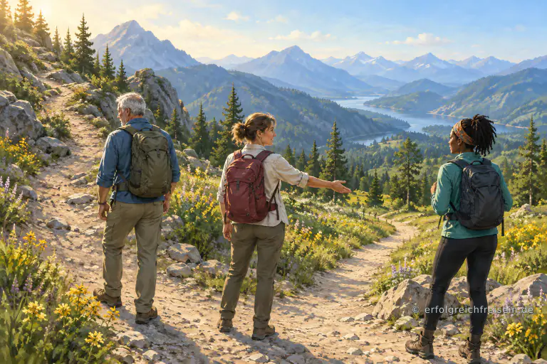 Eine Wanderführerin zeigt zwei Erwachsenen an einer Weggabelung die sanftere Route.