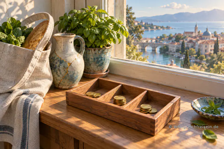 Eine geordnete Holzschale mit Münzen steht neben einer Stofftasche, einem reparierten Krug und einem grünen Kräutertopf im Sonnenlicht.