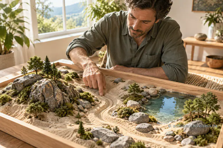 Ein Mann erkundet mit einem Finger eine kleine Sandlandschaft mit Steinen, Bäumen und einer Wasserfläche auf einem Tisch.