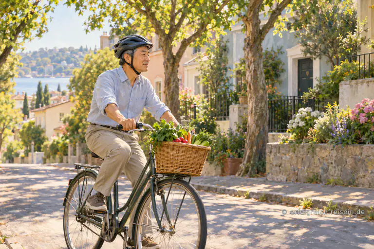 Ein Mann fährt mit Helm und einem Korb voller Gemüse auf einem Fahrrad durch eine sonnige Wohnstraße.