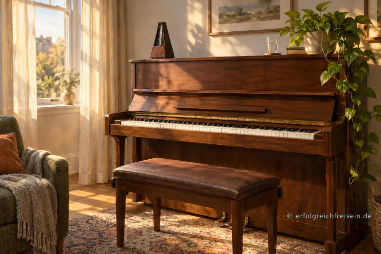 Ein spielbereites Holzklavier mit Sitzbank, Metronom und Wasserglas steht im warmen Nachmittagslicht.