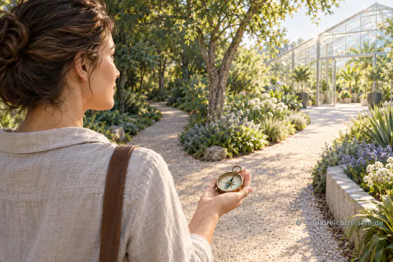 Eine Frau hält einen Kompass an einer Weggabelung im botanischen Garten und blickt zu einem hellen Gewächshaus.