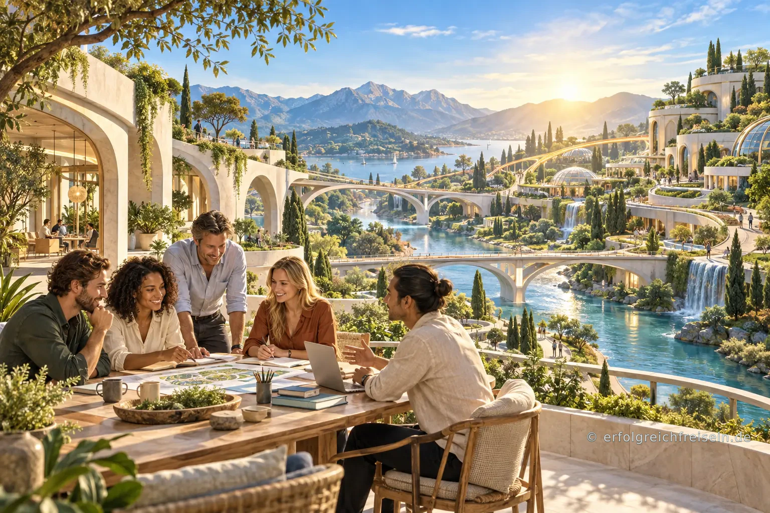 Eine vielfältige Gruppe arbeitet an einem offenen Tisch über einer hellen, grünen Stadtlandschaft mit Wasser, Brücken und verbundenen Wegen.