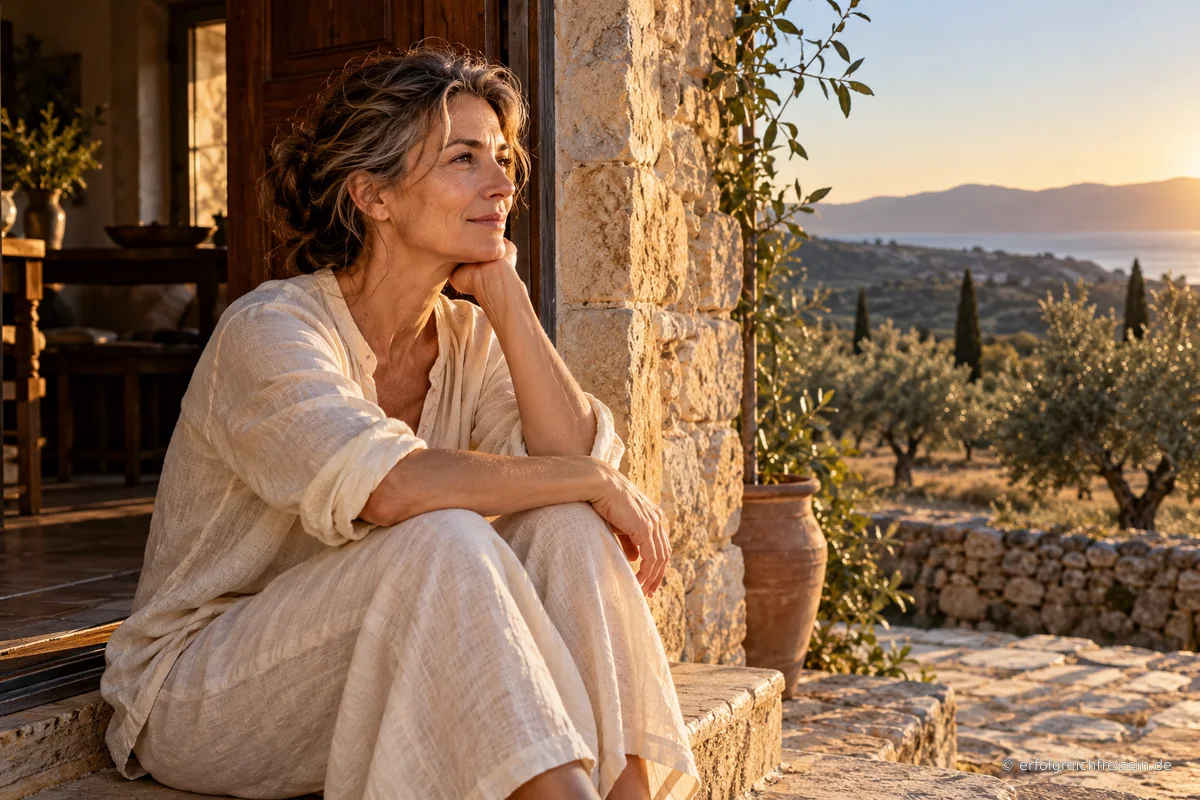 Eine Frau nimmt sich im warmen Morgenlicht Zeit für sich und blickt in eine weite Landschaft.