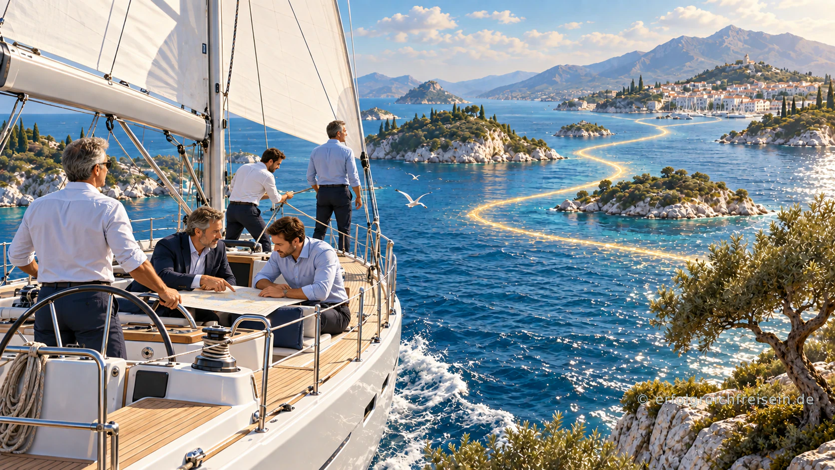 Geschäftsmänner steuern gemeinsam ein Segelboot durch eine helle mediterrane Inselwelt, stimmen ihren Kurs ab und folgen einem goldenen Weg zu ihrem Ziel.