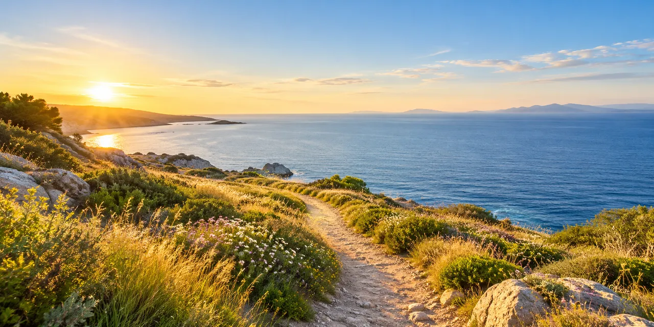 Ein heller Küstenweg öffnet sich zum weiten Meer und einem freien Horizont.